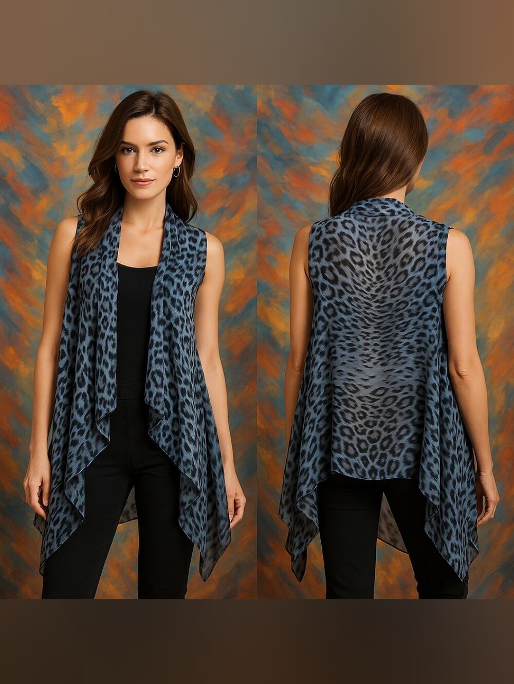 Leopard Print Draped Sleeveless Scarf Vest